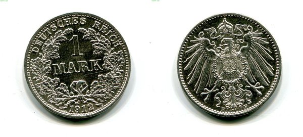 Kaiserreich 1 Mark neuer Adler 1912 F, Jäger 17 vz Vs. kl. Kratzer