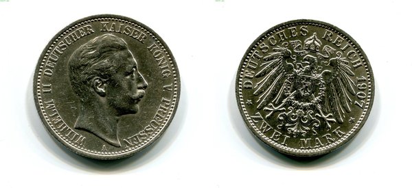 2 Mark Wilhelm II Deutscher Kaiser von Preussen 1907 Erh. vz/st
