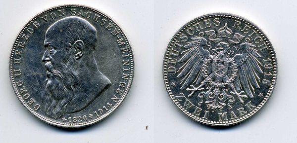 2 Mark Sachsen Meiningen 1914 Erh. ss/vz Jäger 154