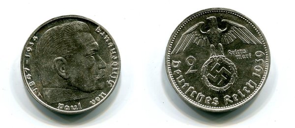 2 Reichsmark Paul von Hindenburg 1939 A Jäger 366 Erhaltung: St.