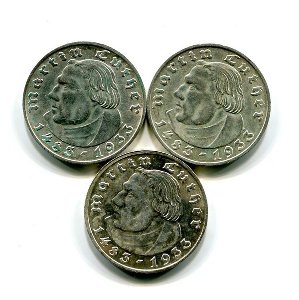 3 Münzen 2 Reichsmark Drittes Reich Martin Luther 1933 A,D. E Jäger 352 Stgl. SONDERANGEBOT
