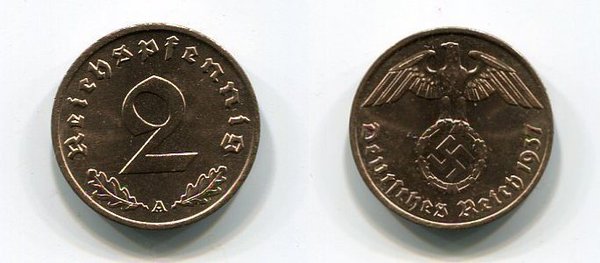 2 Reichspfennig 1937 A Jäger 362 Erhaltung stgl.