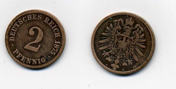 2 Pfennig Kaiserreich  1875 H Erhaltung: ss/vz