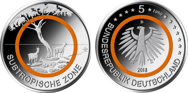 5 Euro Sammlermünze Subtropische Zone 2018 F bankfrisch mit orangenfarbenen Polymerring