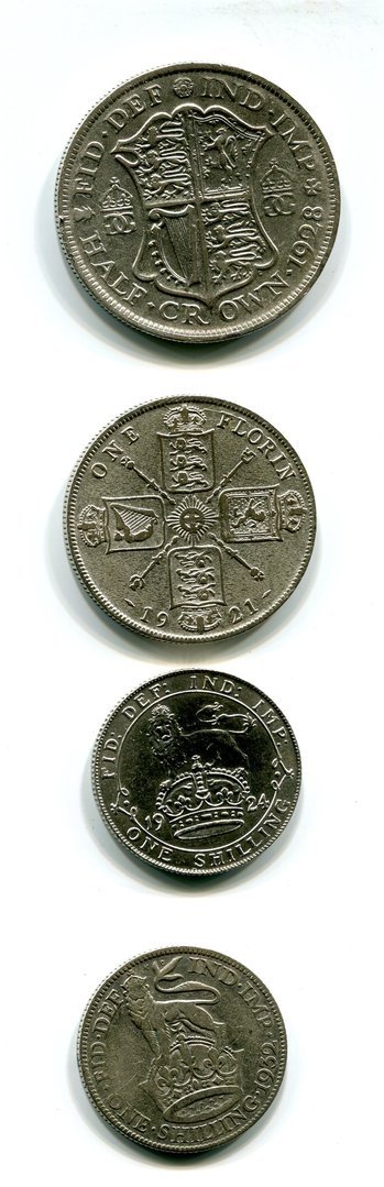 Großbritannien George V 1/2 Crown, one Florin, 2 x one Shilling