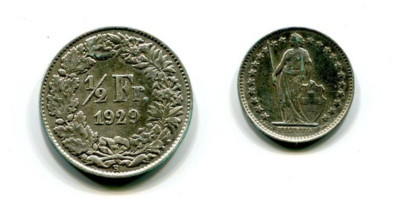 Schweiz  1/2 Franken 1929 B  Erh. ss Ag DT.309
