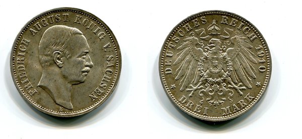 3 Mark Friedrich von Sachsen 1910 Erhaltung Stgl. Jäger 135