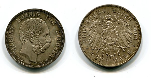 5 Mark Albert Von Sachsen 1902 (auf den Tod) Erhaltung Stgl. Jäger 128