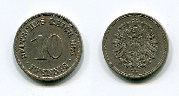 10 Pfennig Kaiserreich 1874 A Erhaltung: ss/vz Jäger: 4