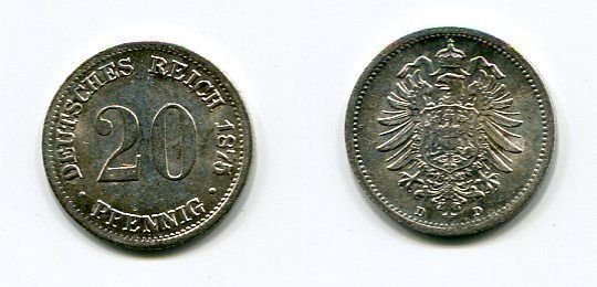 20 Pfennig Kaiserreich 1875 D Erhaltung: st. Jäger 5