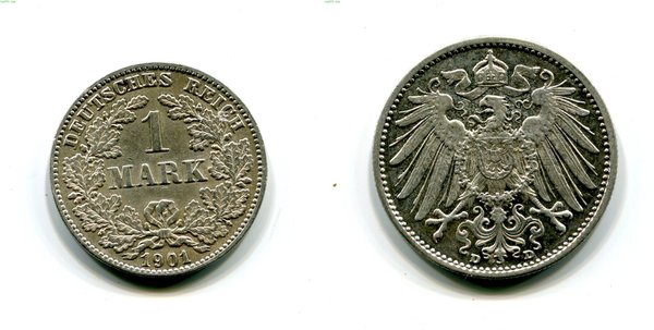 1 Mark Kaiserreich neuer Adler 1901 D  Erh. vz  Jäger 17