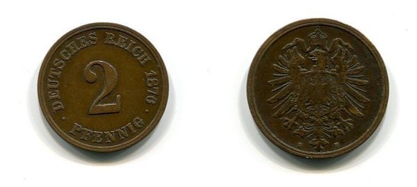 2 Pfennig Kaiserreich 1876 F Erhaltung:  vz/st Jäger 2